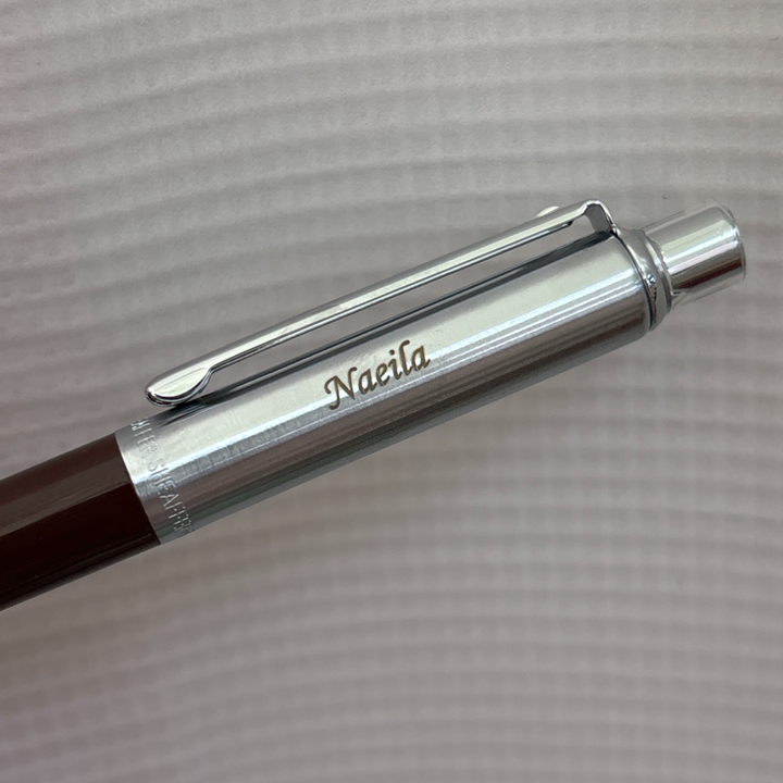 Custom Pen Engraving – Personalised Name Engraving on (DC) Sheaffer Sentinel Brown and Chrome Ballpoint Pen With Chrome Trims at Cityluxe WorkRoom