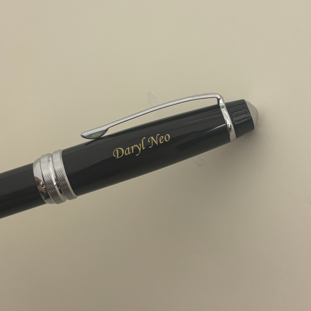 Custom Pen Engraving – Personalised Name Engraving on Cross Bailey Ballpoint Pen - Black Lacquer at Cityluxe WorkRoom