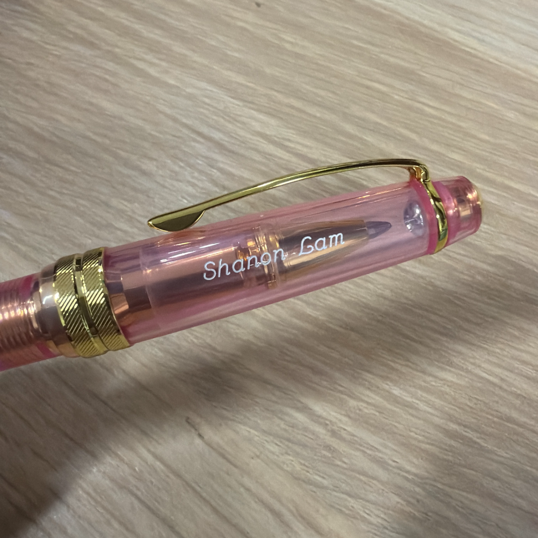 Custom Pen Engraving – Personalised Name Engraving on Cross Bailey Light™ Translucent Pink Sapphire Resin Ballpoint Pen at Cityluxe WorkRoom