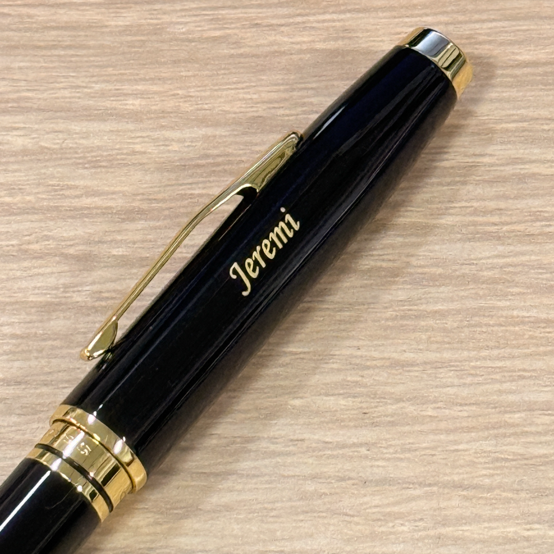 Custom Pen Engraving – Personalised Name Engraving on Cross Coventry Ballpoint Pen - Black Lacquer With Gold Tone at Cityluxe WorkRoom