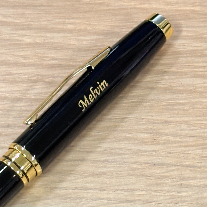 Custom Pen Engraving – Personalised Name Engraving on Cross Coventry Ballpoint Pen - Black Lacquer With Gold Tone at Cityluxe WorkRoom