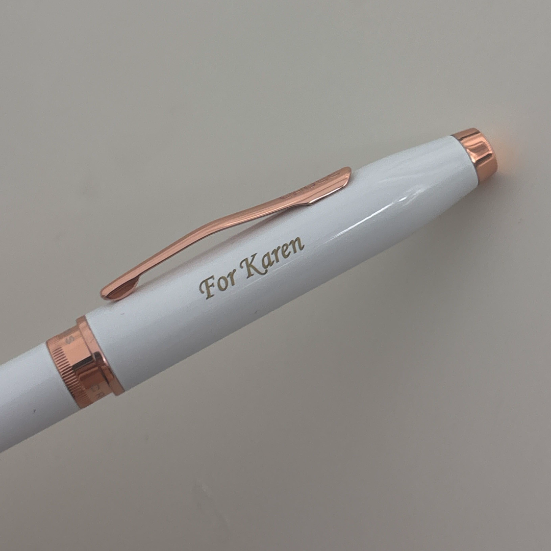 Custom Pen Engraving – Personalised Name Engraving on Cross Foundry Lacquer White With Rose Gold Rollerball Pen at Cityluxe WorkRoom