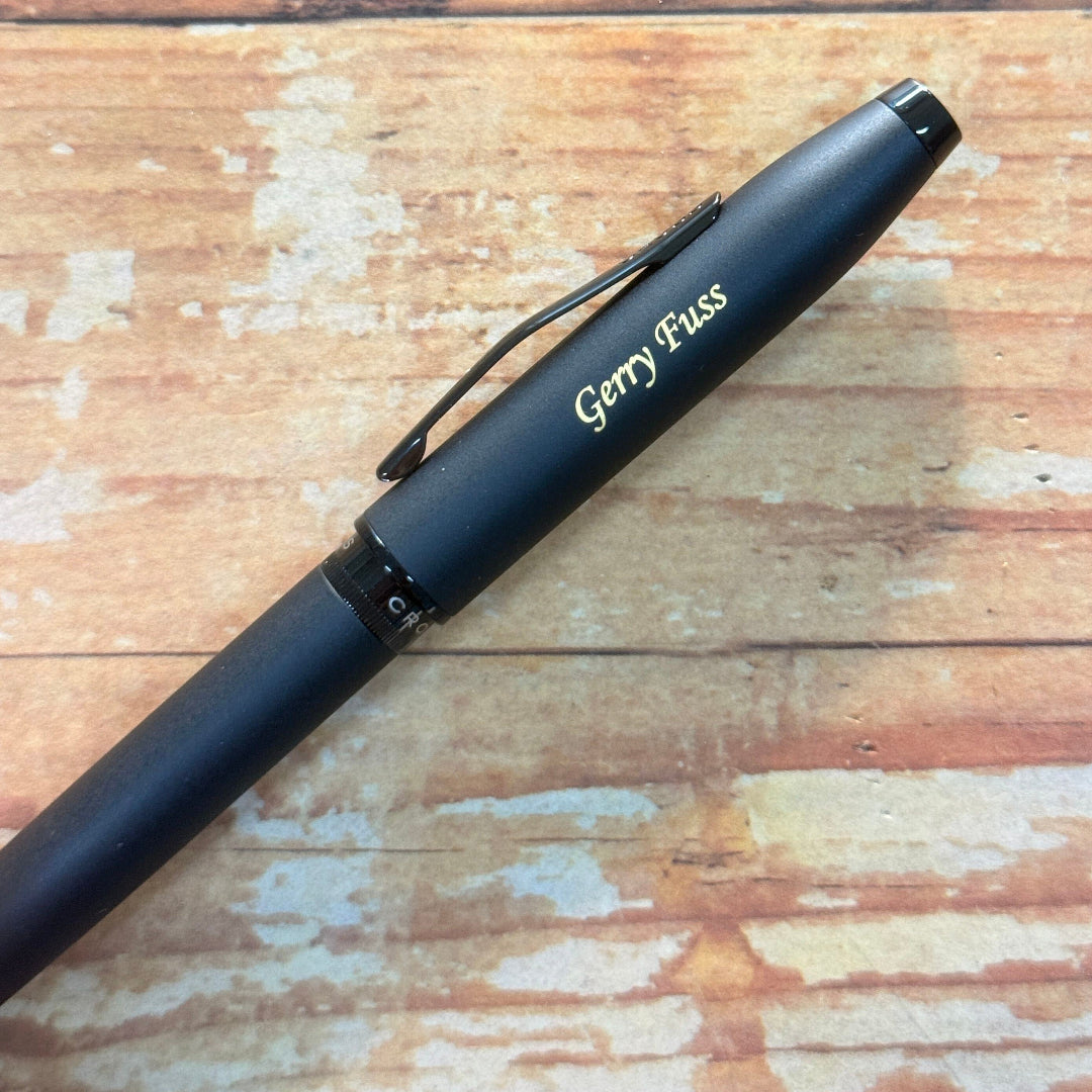 Custom Pen Engraving – Personalised Name Engraving on Cross Foundry Matte Black With Black PVD Rollerball Pen at Cityluxe WorkRoom