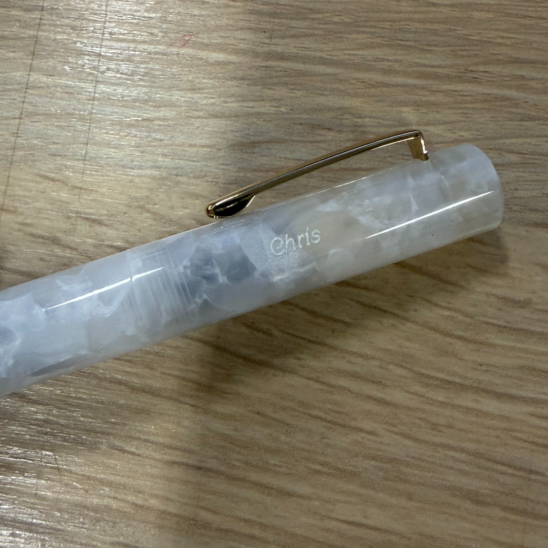 Custom Pen Engraving – Personalised Name Engraving on Hightide Attaché Marbled Fountain Pen in White at Cityluxe WorkRoom