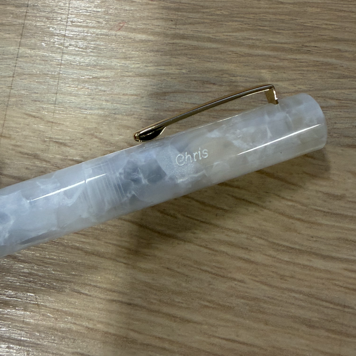 Custom Pen Engraving – Personalised Name Engraving on Hightide Attaché Marbled Fountain Pen in White at Cityluxe WorkRoom