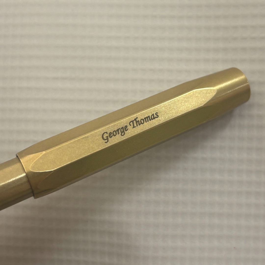 Custom Pen Engraving – Personalised Name Engraving on Kaweco Brass Sport Fountain Pen at Cityluxe WorkRoom