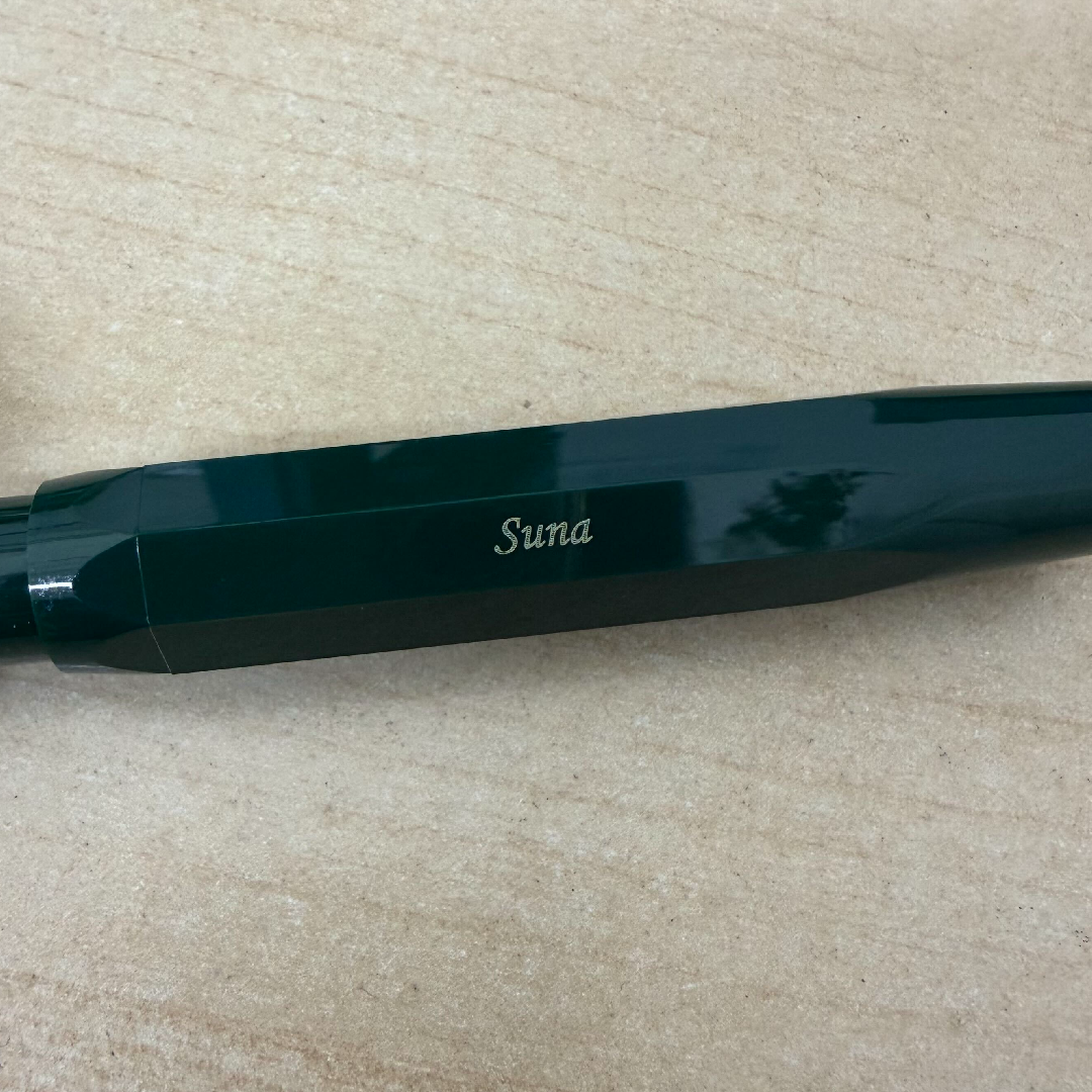 Custom Pen Engraving – Personalised Name Engraving on Kaweco Classic Sport Fountain Pen in Green at Cityluxe WorkRoom