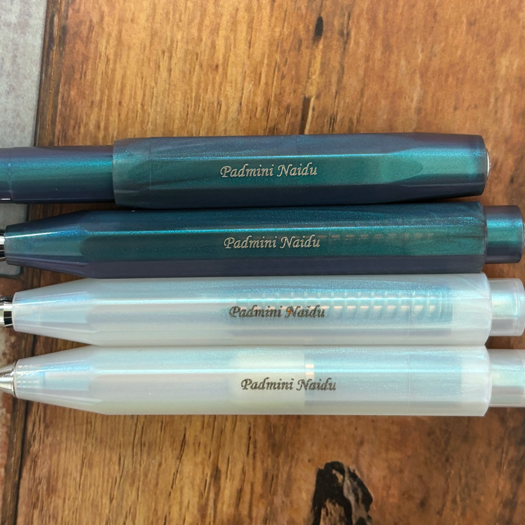 Custom Pen Engraving – Personalised Name Engraving on Kaweco Lunar Sport Clutch and Mechanical Pencil in Light Blue and Kaweco Lunar Sport Clutch and Mechanical Pencil in Shadow Blue at Cityluxe WorkRoom