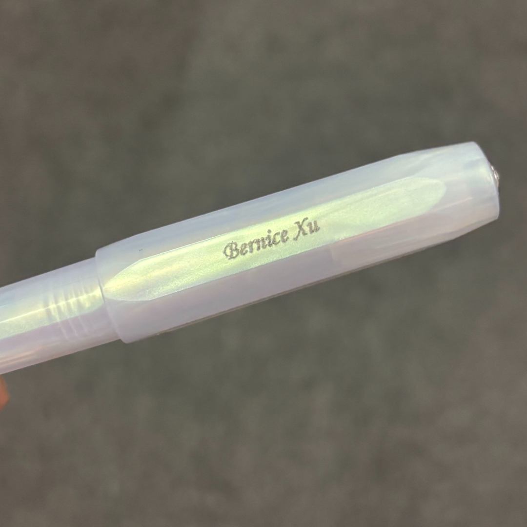 Custom Pen Engraving – Personalised Name Engraving on Kaweco PERKEO Fountain Pen in Iridescent Pearl at Cityluxe WorkRoom