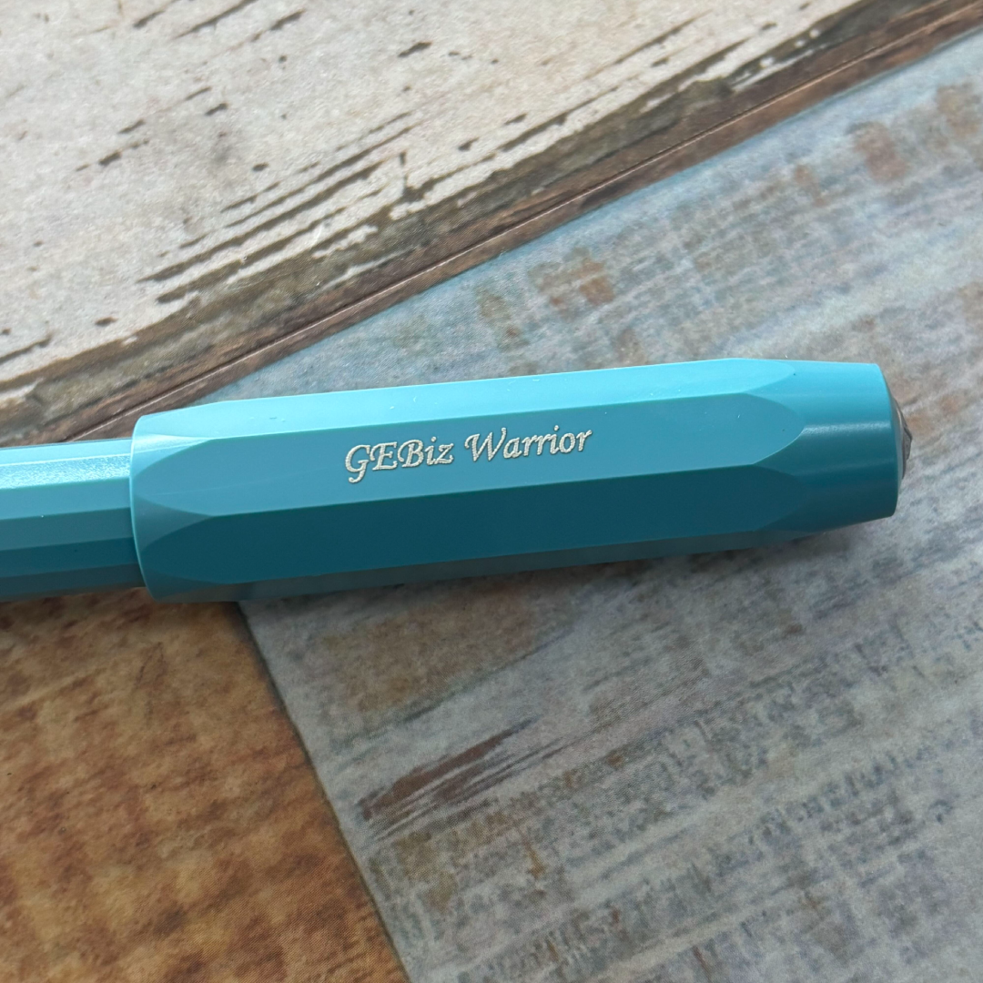 Custom Pen Engraving – Personalised Name Engraving on Kaweco Perkeo Rollerball Pen Pack in All BREEZY TEAL at Cityluxe WorkRoom
