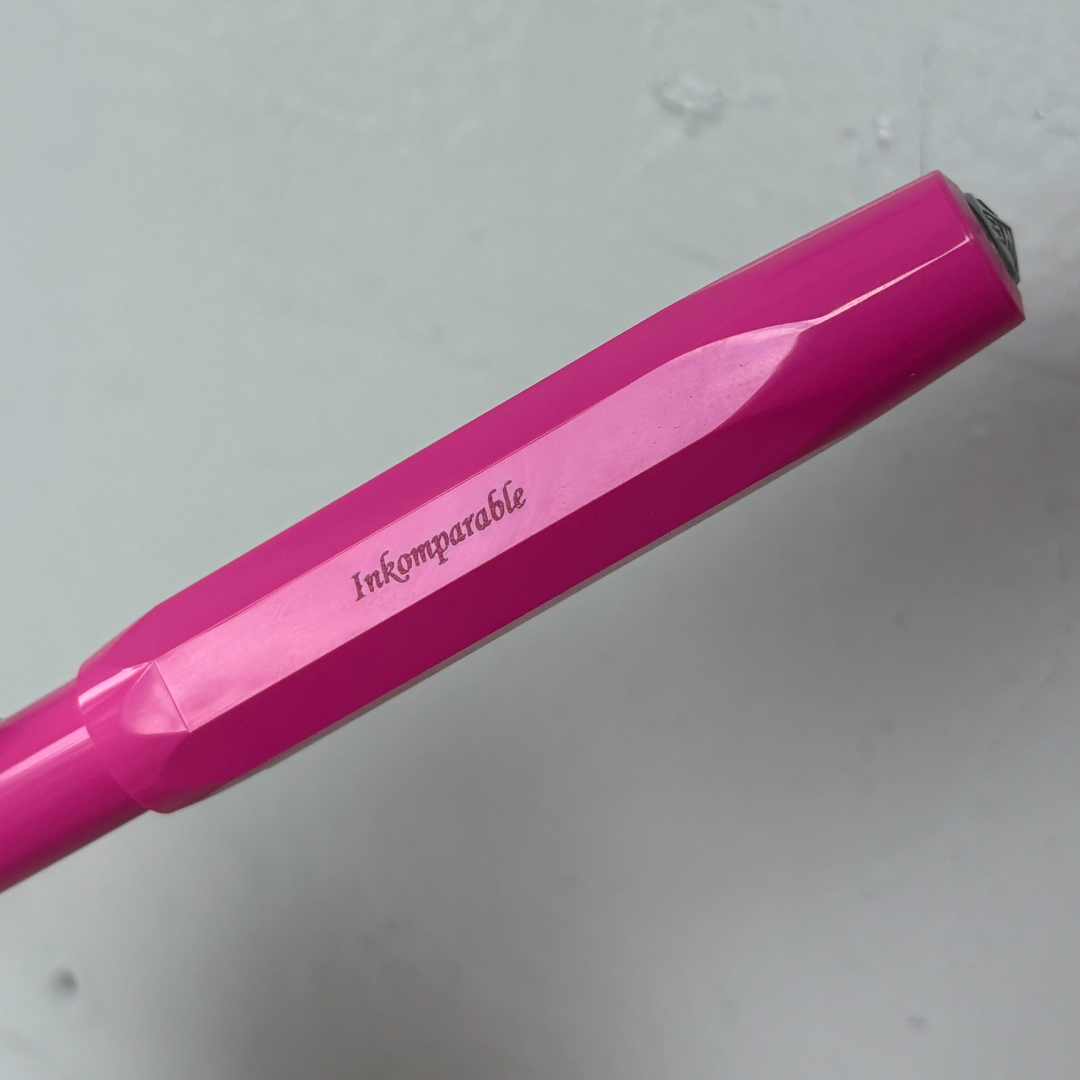 Custom Pen Engraving – Personalised Name Engraving on Kaweco Skyline Sport Fountain Pen in Pink at Cityluxe WorkRoom