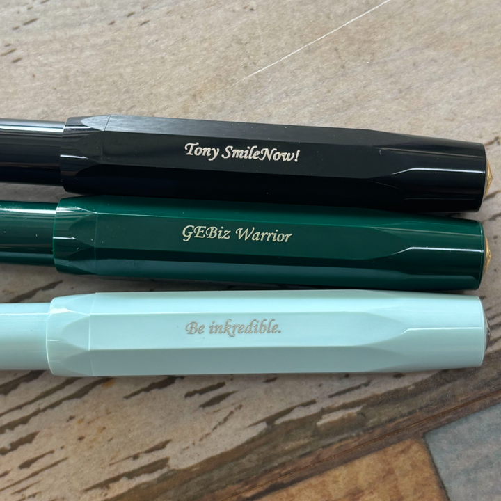 Custom Pen Engraving – Personalised Name Engraving on Kaweco Skyline Sport Gel Rollerball Pen in Mint, Kaweco Classic Sport Gel Roller Pen in Green and Kaweco Classic Sport Fountain Pen in Black at Cityluxe WorkRoom