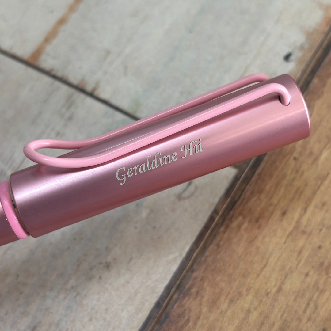 Custom Pen Engraving – Personalised Name Engraving on Lamy AL-Star Flamingo Fountain Pen at Cityluxe WorkRoom