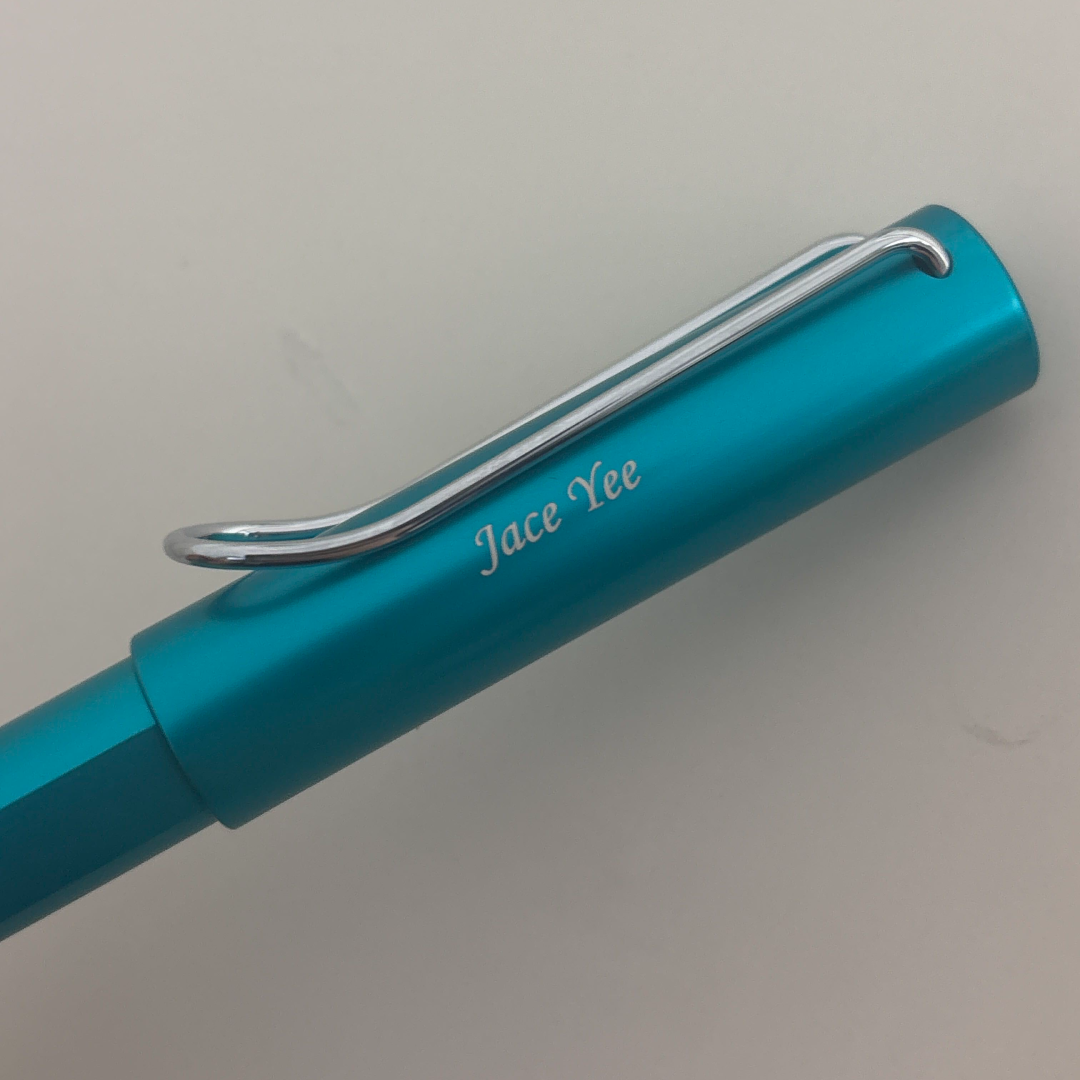 Custom Pen Engraving – Personalised Name Engraving on Lamy AL-Star Rollerball Pen Turmaline at Cityluxe WorkRoom