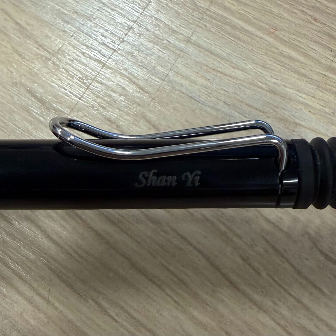 Custom Pen Engraving – Personalised Name Engraving on Lamy Safari Ballpoint Pen in Black at Cityluxe WorkRoom