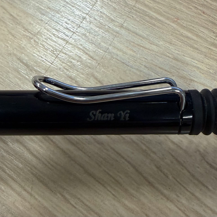 Custom Pen Engraving – Personalised Name Engraving on Lamy Safari Ballpoint Pen in Black at Cityluxe WorkRoom