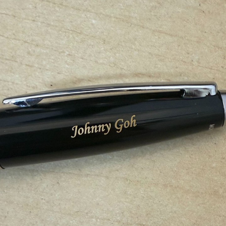 Custom Pen Engraving – Personalised Name Engraving on Monteverde Aldo Domani Rollerball Black at Cityluxe WorkRoom