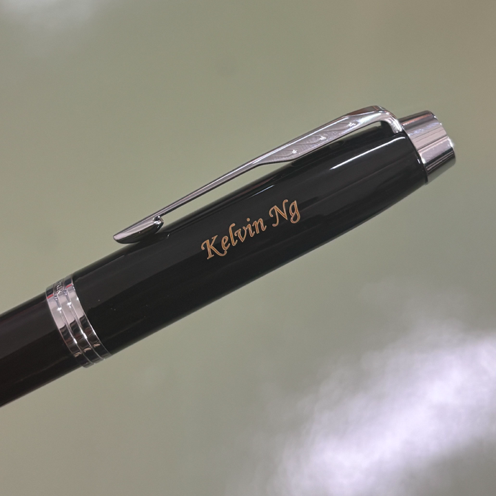Custom Pen Engraving – Personalised Name Engraving on Parker IM Black CT Rollerball Pen at Cityluxe WorkRoom