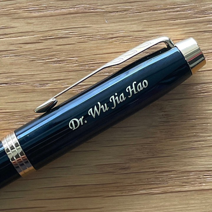 Custom Pen Engraving – Personalised Name Engraving on Parker IM Black GT RB With Pen Sleeve Gift Set at Cityluxe WorkRoom