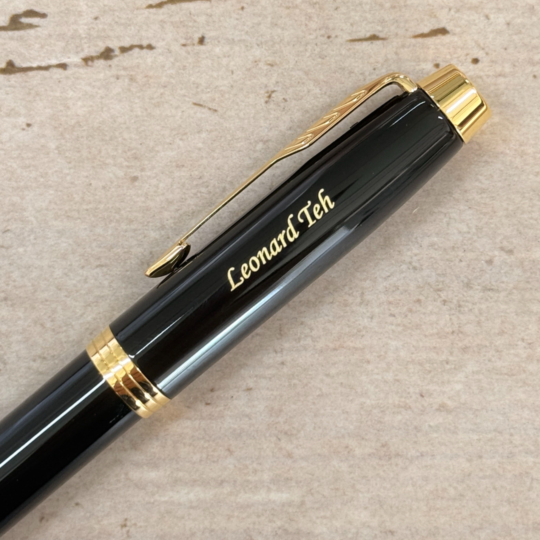 Custom Pen Engraving – Personalised Name Engraving on Parker IM Black GT RB With Pen Sleeve Gift Set at Cityluxe WorkRoom