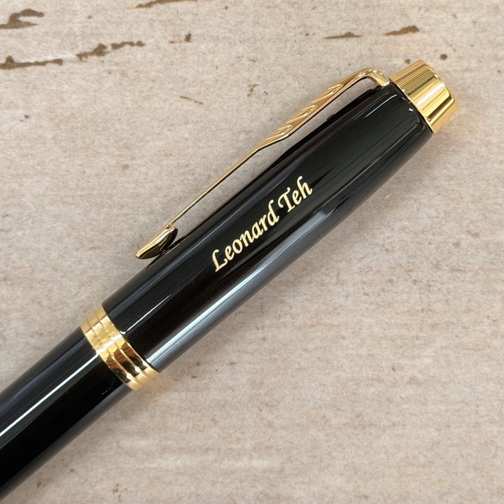 Custom Pen Engraving – Personalised Name Engraving on Parker IM Black GT RB With Pen Sleeve Gift Set at Cityluxe WorkRoom