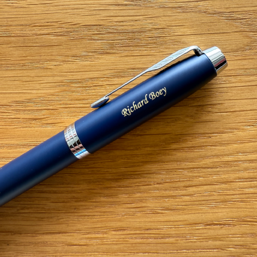 Custom Pen Engraving – Personalised Name Engraving on Parker IM Blue CT Rollerball Pen at Cityluxe WorkRoom