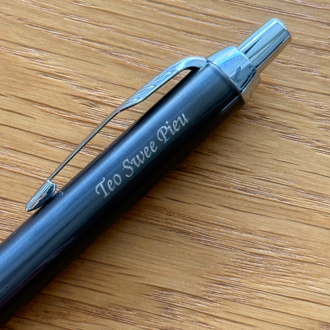 Custom Pen Engraving – Personalised Name Engraving on Parker IM Dark Espresso CT Ballpoint Pen at Cityluxe WorkRoom