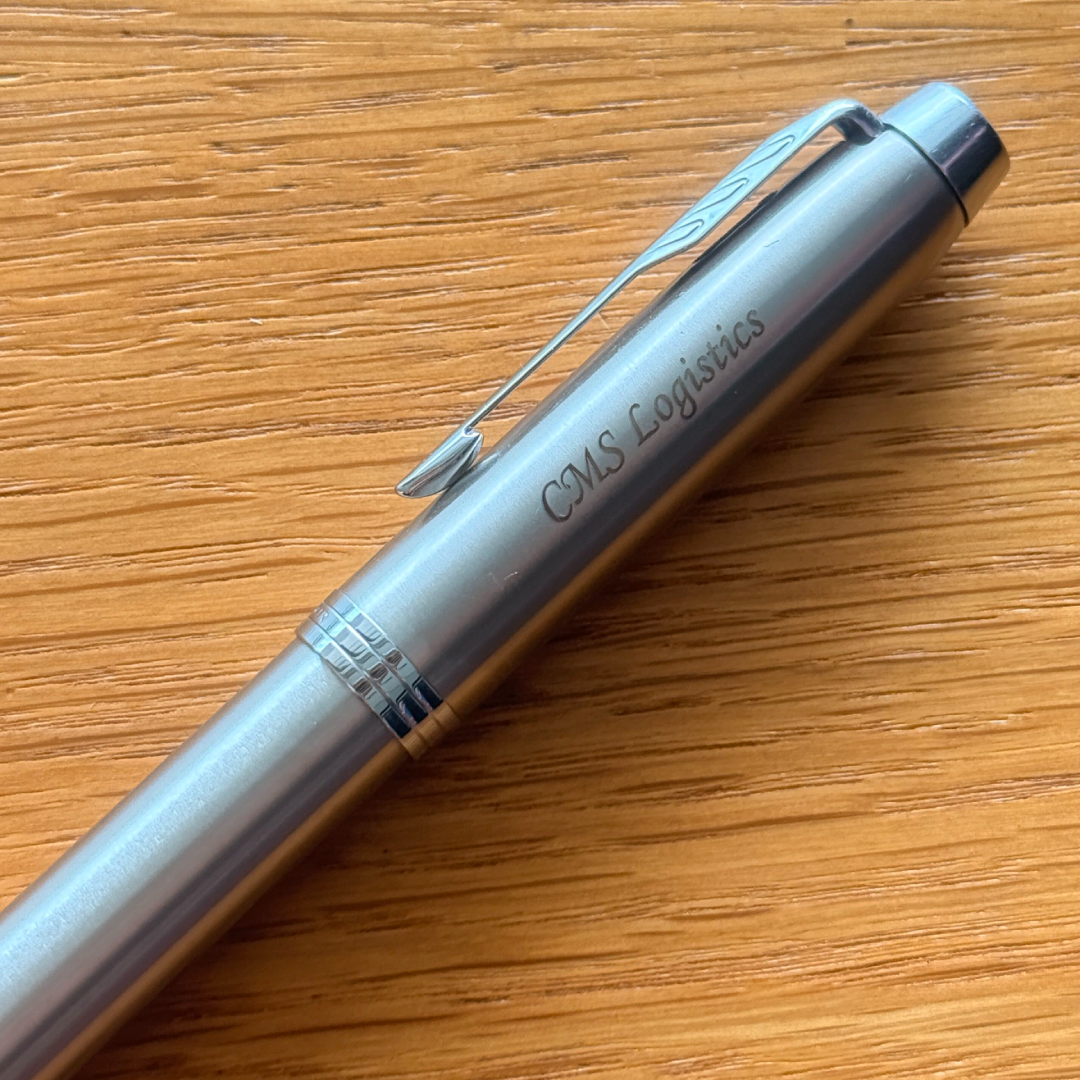Custom Pen Engraving – Personalised Name Engraving on Parker IM Essential Stainless Steel CT Fountain Pen in Medium Nib at Cityluxe WorkRoom