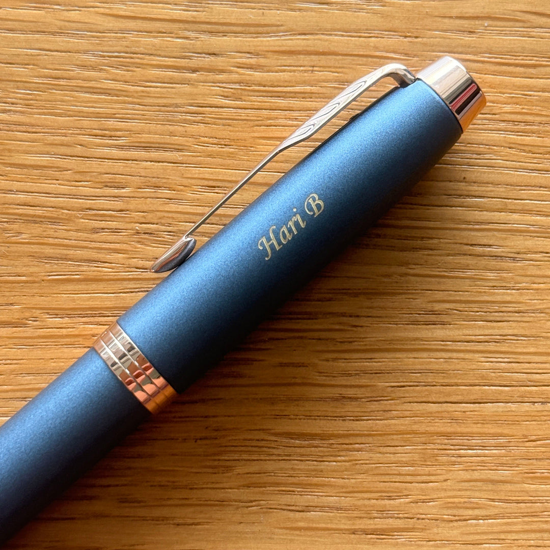 Custom Pen Engraving – Personalised Name Engraving on Parker IM Finishing Touch Slate PGT Rollerball Pen at Cityluxe WorkRoom