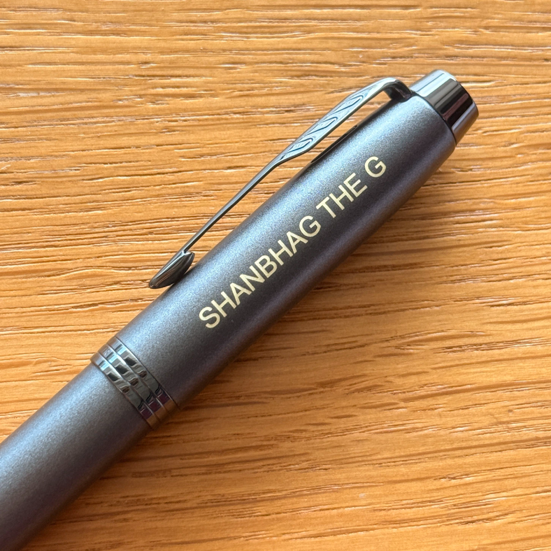 Custom Pen Engraving – Personalised Name Engraving on Parker IM PROFESSIONAL Fountain Pen in Monochrome Titanium at Cityluxe WorkRoom
