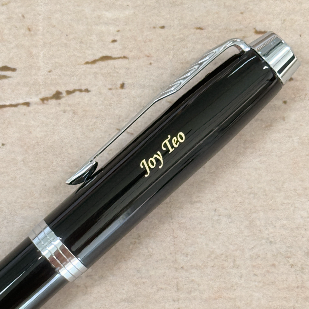 Custom Pen Engraving – Personalised Name Engraving on Parker IM PROFESSIONAL Rollerball Pen - Monochrome Titanium at Cityluxe WorkRoom