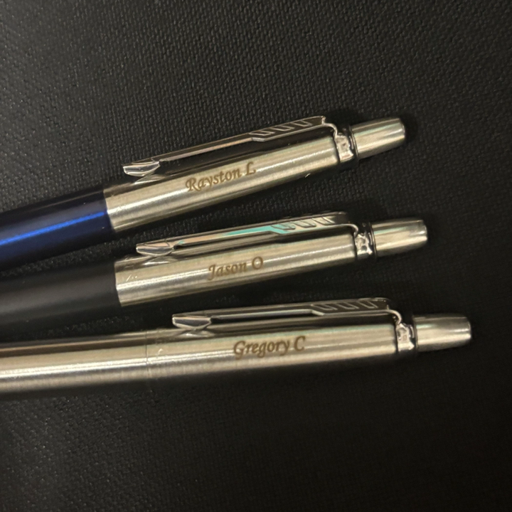 Custom Pen Engraving – Personalised Name Engraving on Parker Jotter Bond Street Black CT Ballpoint Pen, Parker Jotter Stainless Steel CT Ballpoint Pen, and Parker Jotter Royal Blue CT Ballpoint Pen at Cityluxe WorkRoom