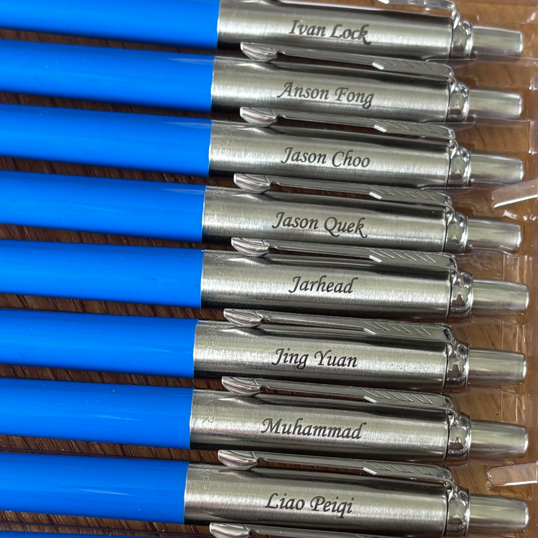 Custom Pen Engraving – Personalised Name Engraving on Parker Jotter Originals Denim Ballpoint Pen at Cityluxe WorkRoom