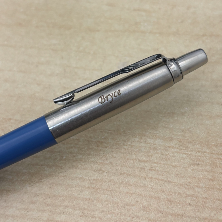 Custom Pen Engraving – Personalised Name Engraving on Parker Jotter Originals Denim Ballpoint Pen at Cityluxe WorkRoom