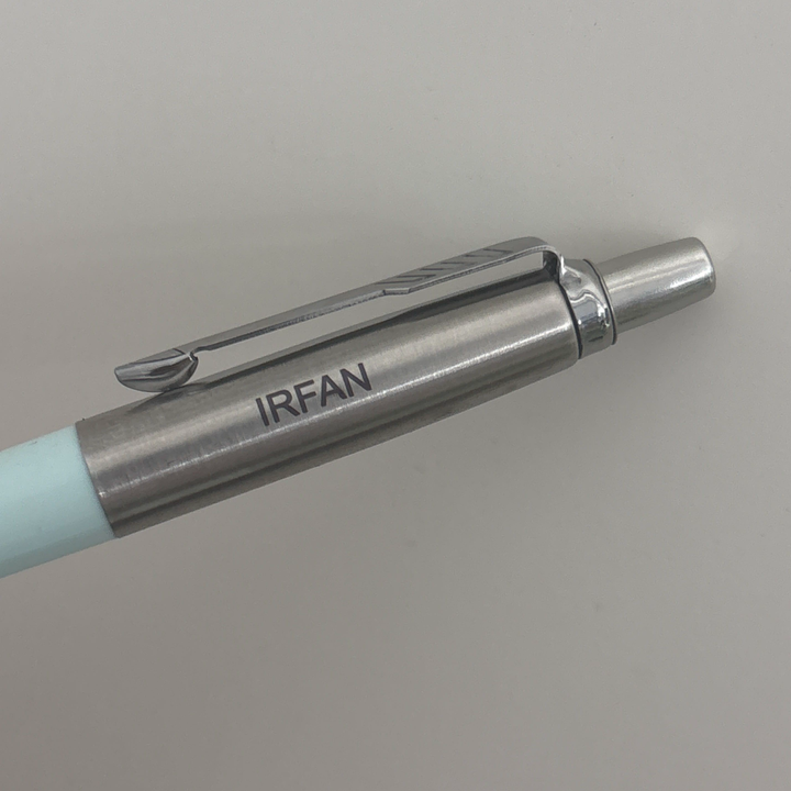 Custom Pen Engraving – Personalised Name Engraving on Parker Jotter Originals Pastel Blue Ballpoint Pen at Cityluxe WorkRoom