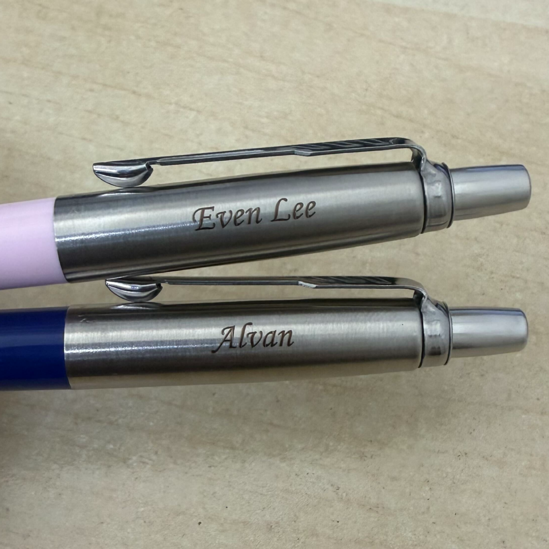 Custom Pen Engraving – Personalised Name Engraving on Parker Jotter Originals Pastel Pink Ballpoint Pen and Parker Jotter Special Blue Ballpoint Pen at Cityluxe WorkRoom