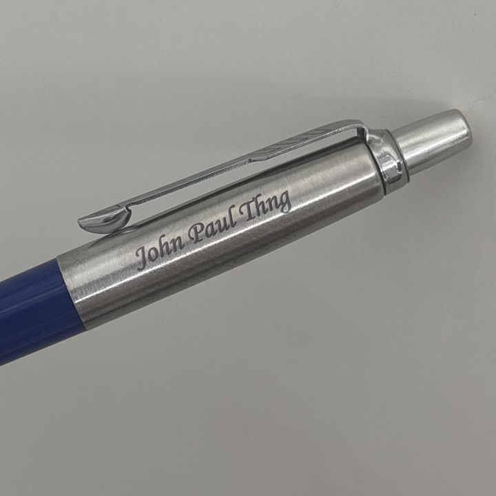 Custom Pen Engraving – Personalised Name Engraving on Parker Jotter Royal Blue CT Ballpoint Pen at Cityluxe WorkRoom