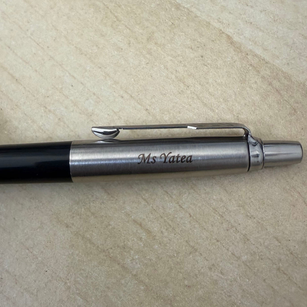 Custom Pen Engraving – Personalised Name Engraving on Parker Jotter Special Black Ballpoint Pen at Cityluxe WorkRoom