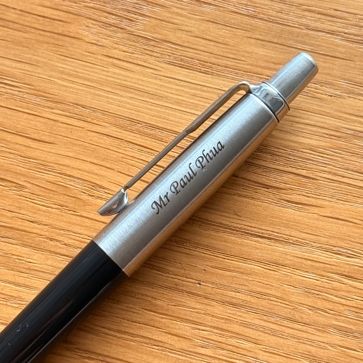 Custom Pen Engraving – Personalised Name Engraving on Parker Jotter Special Black Ballpoint Pen at Cityluxe WorkRoom