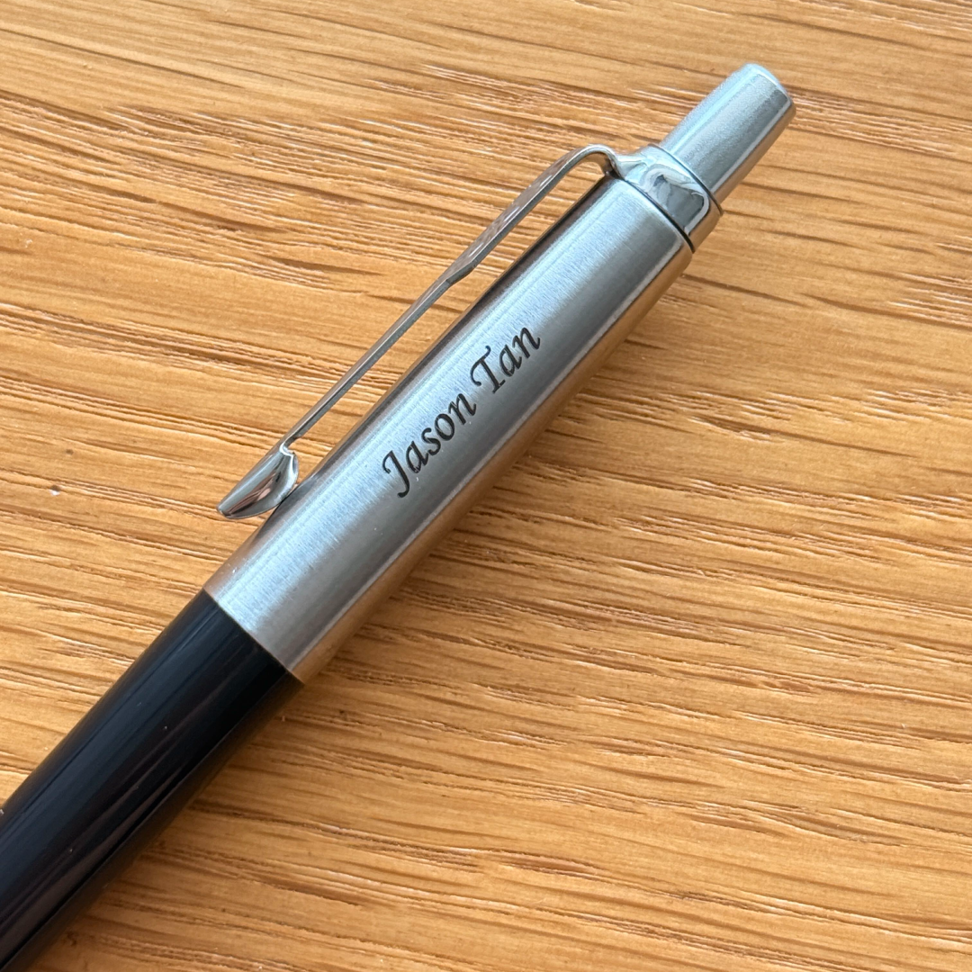 Custom Pen Engraving – Personalised Name Engraving on Parker Jotter Special Black Ballpoint Pen at Cityluxe WorkRoom