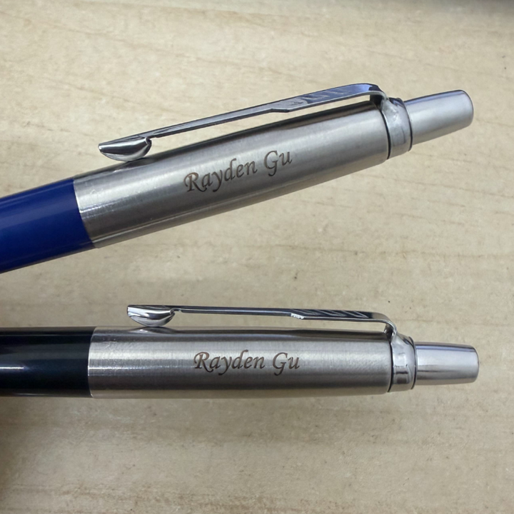 Custom Pen Engraving – Personalised Name Engraving on Parker Jotter Special Blue Ballpoint Pen and Parker Jotter Special Black Ballpoint Pen at Cityluxe WorkRoom