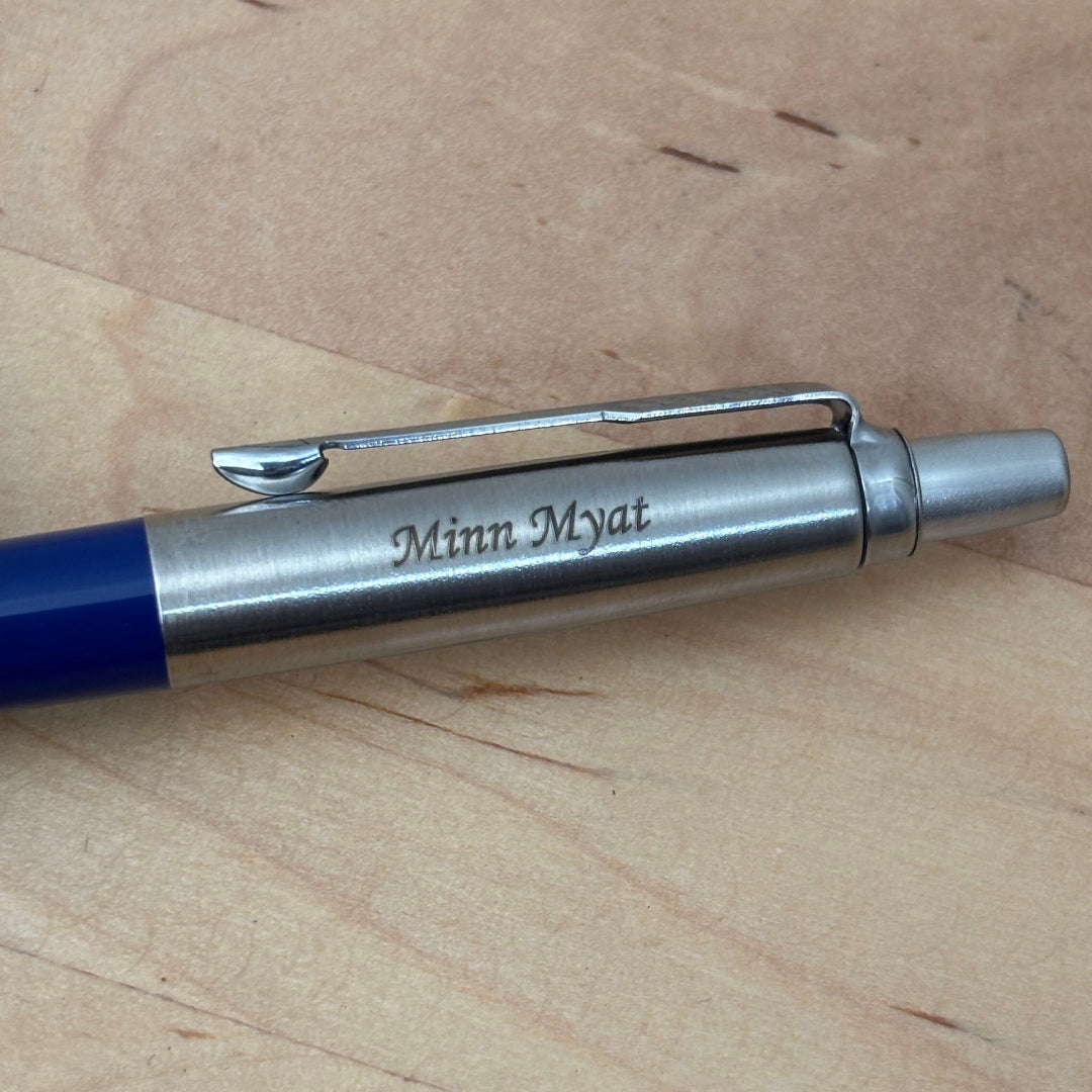 Custom Pen Engraving – Personalised Name Engraving on Parker Jotter Special Blue Ballpoint Pen at Cityluxe WorkRoom