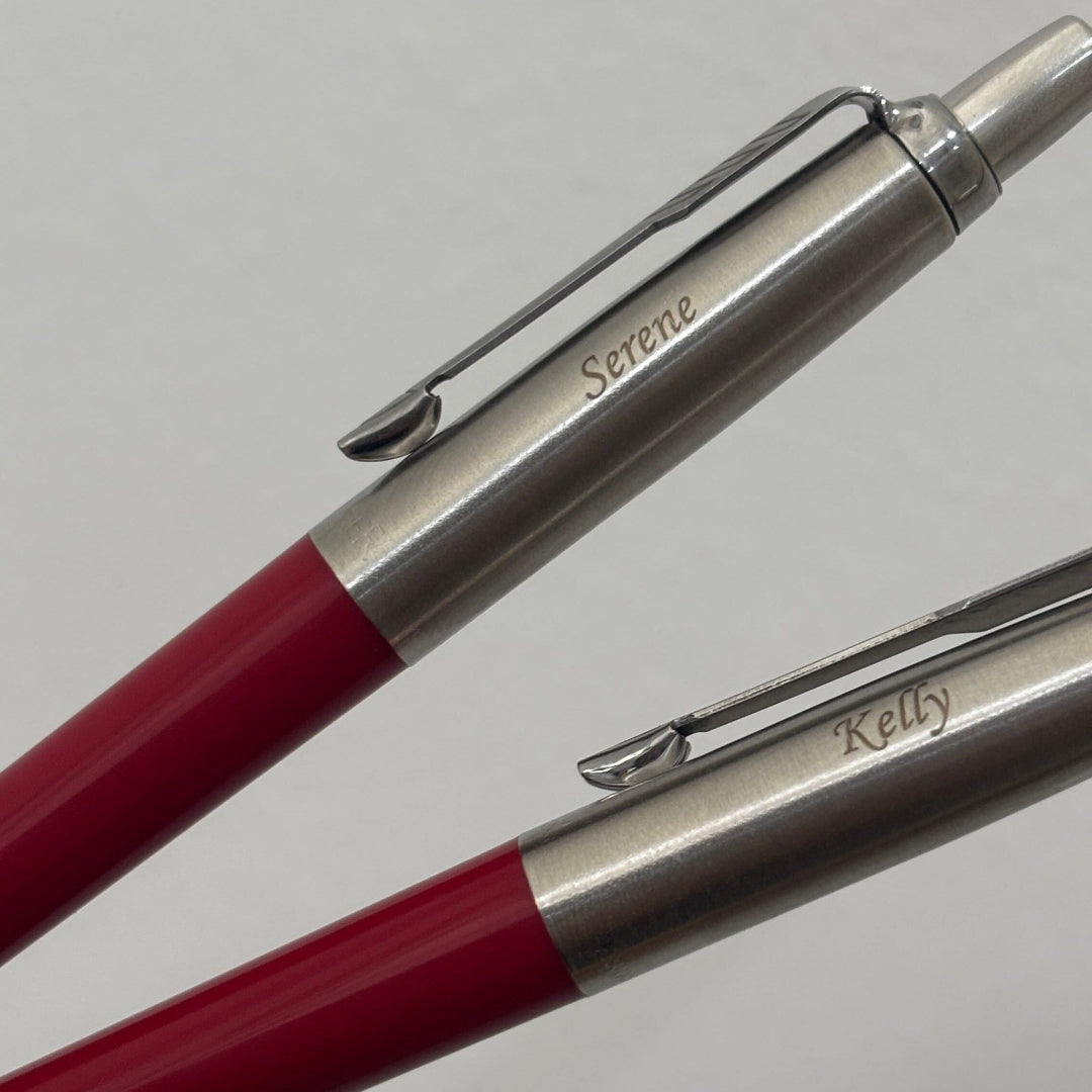 Custom Pen Engraving – Personalised Name Engraving on Parker Jotter Special Red Ballpoint Pen at Cityluxe WorkRoom