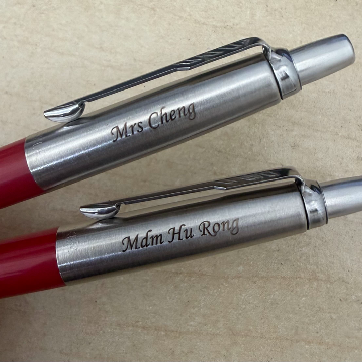 Custom Pen Engraving – Personalised Name Engraving on Parker Jotter Special Red Ballpoint Pen at Cityluxe WorkRoom