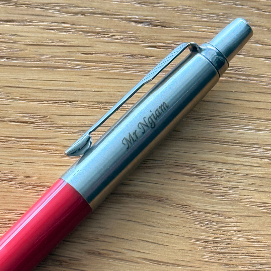 Custom Pen Engraving – Personalised Name Engraving on Parker Jotter Special Red Ballpoint Pen at Cityluxe WorkRoom