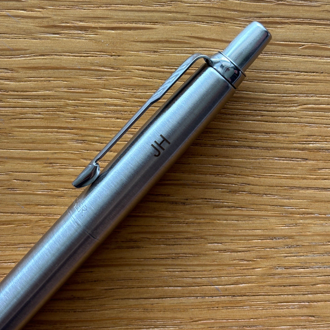 Custom Pen Engraving – Personalised Name Engraving on Parker Jotter Stainless Steel CT Ballpoint Pen at Cityluxe WorkRoom