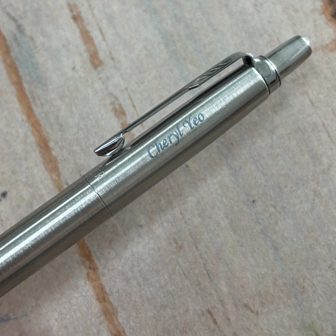 Custom Pen Engraving – Personalised Name Engraving on Parker Jotter Stainless Steel CT Ballpoint Pen at Cityluxe WorkRoom