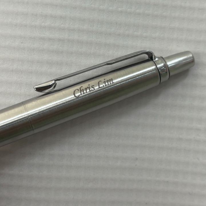 Custom Pen Engraving – Personalised Name Engraving on Parker Jotter Stainless Steel CT Ballpoint Pen at Cityluxe WorkRoom