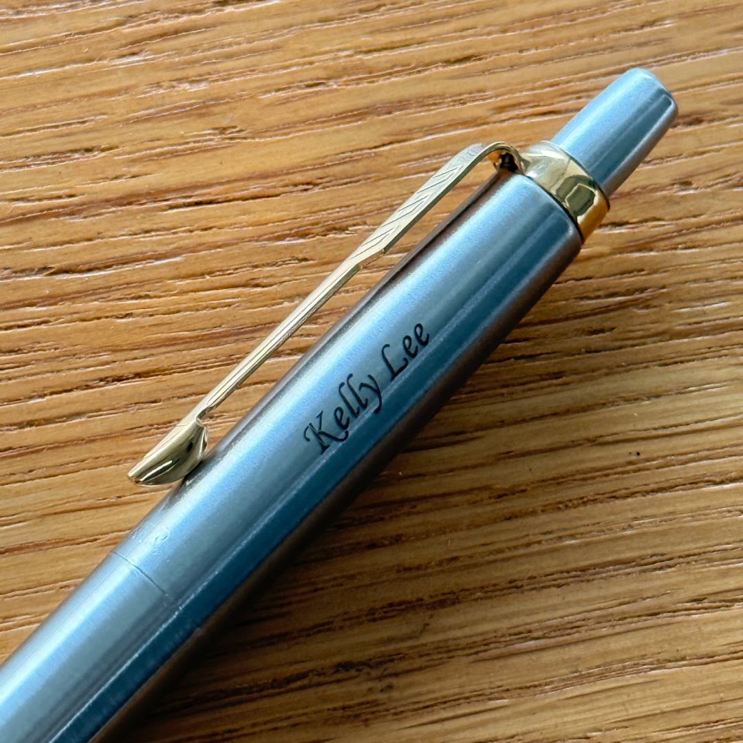 Custom Pen Engraving – Personalised Name Engraving on Parker Jotter Stainless Steel GT Ballpoint Pen at Cityluxe WorkRoom