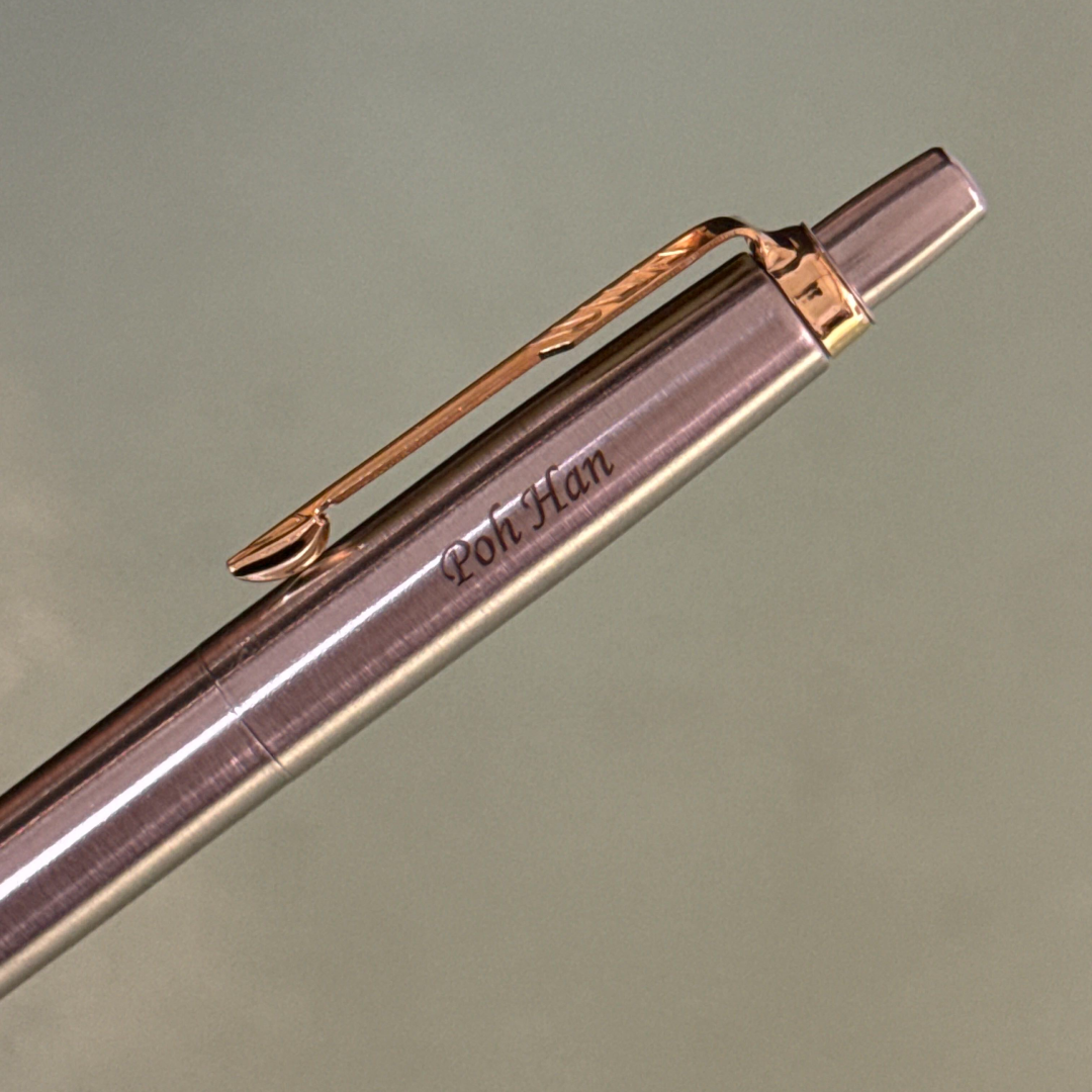 Custom Pen Engraving – Personalised Name Engraving on Parker Jotter Stainless Steel GT Ballpoint Pen at Cityluxe WorkRoom